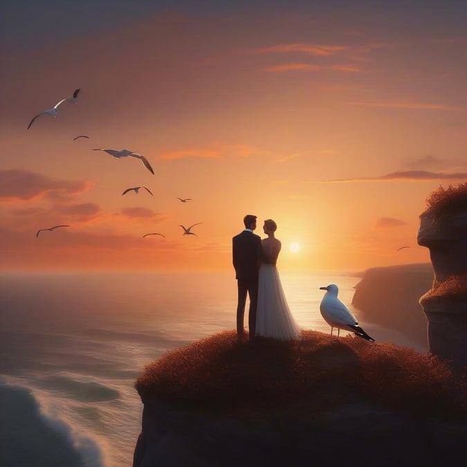 Couple sharing a tender moment on the edge of a cliff overlooking the ocean as the sun sets, birds fly overhead. This image captures the love and tranquility of their special day.