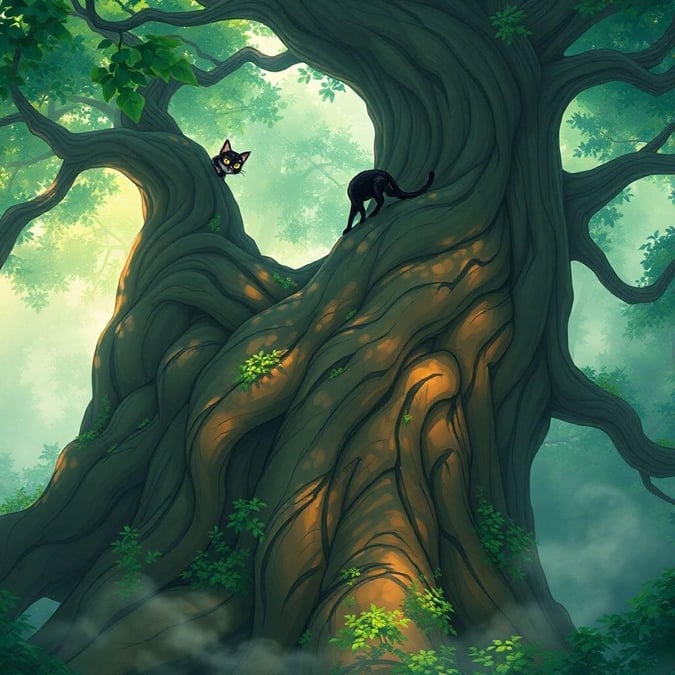 A beautiful and mysterious anime illustration of a ninja cat perched on top of a giant tree, set in a misty forest with intricate patterns and vibrant colors.