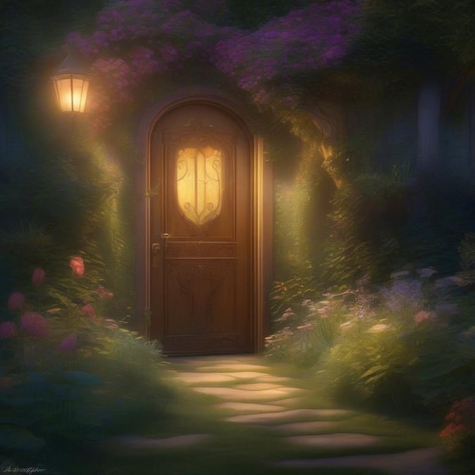 Enter a world of enchantment, where the darkness is transformed into a doorway to wonders. A fairy-tale scene of a magically lit path leading up to an ornate wooden door, with a warm lamp inviting you in.