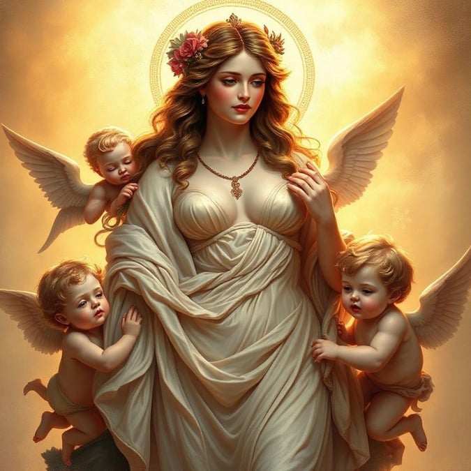 A heartwarming depiction of the Virgin Mary in a tender moment with cherub-like angels, set against a backdrop that could be associated with heaven. This image is perfect for Valentine's Day as it embodies love and spirituality.