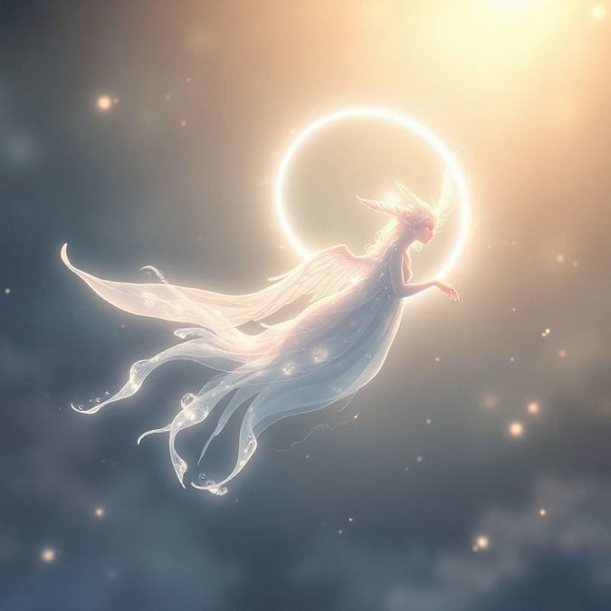 Fantasy artwork featuring an ethereal creature, resembling an angel or a similar celestial entity. The seraph stands in front of the moon against the starry sky, exuding a sense of tranquility and otherworldly beauty.