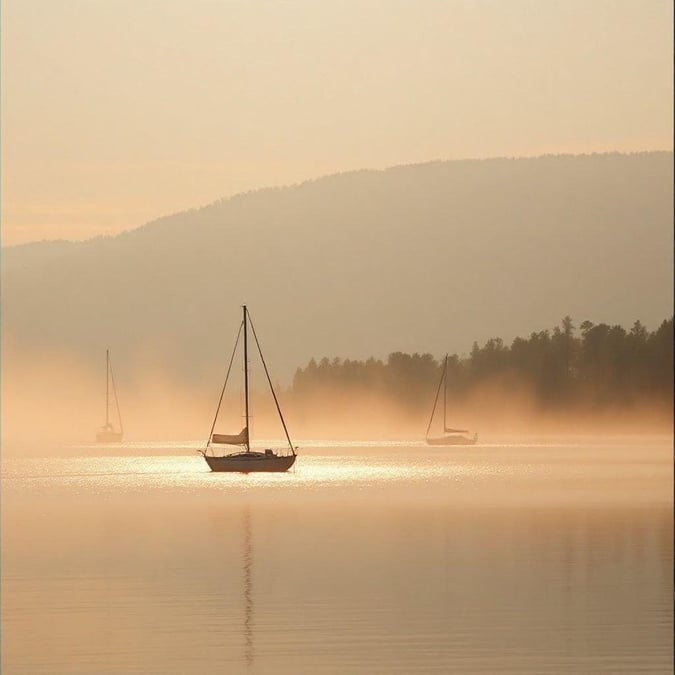 A breathtaking sunrise scene with sailboats gliding through the calm waters, set against the backdrop of a majestic mountain range.