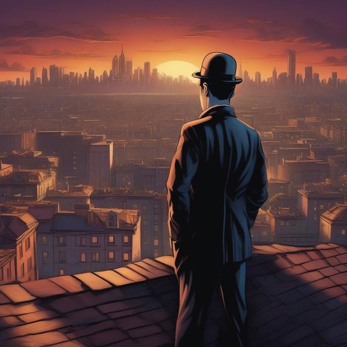 A mysterious man stands on the rooftops overlooking a bustling city skyline, perhaps contemplating his next move. The sun is setting behind him, casting long shadows and painting the clouds with warm hues. Is he an urban detective or a secret agent? His presence adds an air of intrigue to this cityscape.