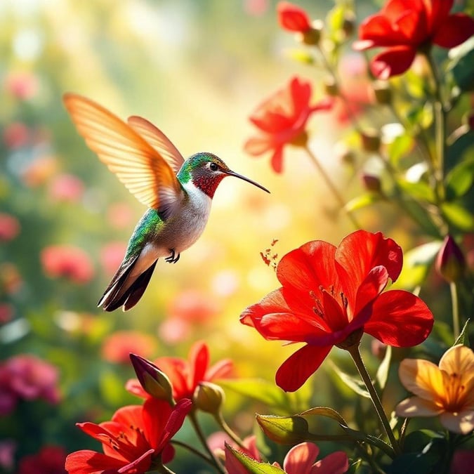 A vibrant hummingbird hovering among blooming flowers, showcasing the beauty of nature.