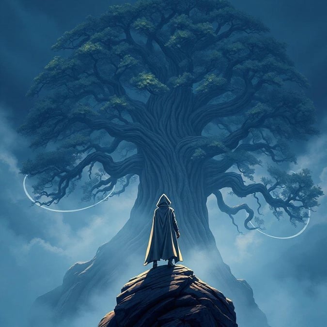 Step into a world of mystery and tranquility with this anime-inspired digital illustration. A lone figure, clad in a hooded cloak, stands before an enormous tree, shrouded in mist and fog, gazing directly at the viewer. The deep blue sky adds to the sense of mystery and intrigue, creating a captivating scene that invites you to pause and reflect.