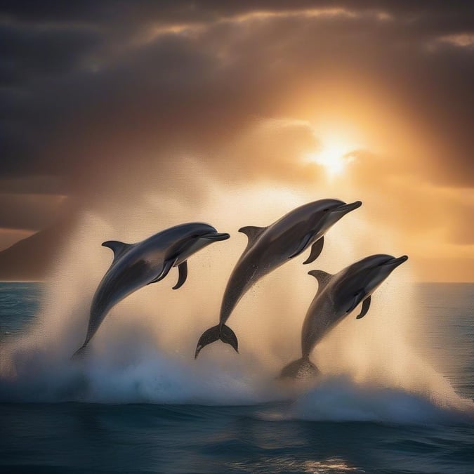 A beautiful wallpaper of four dolphins jumping out of the water in the ocean with a sunset in the background.