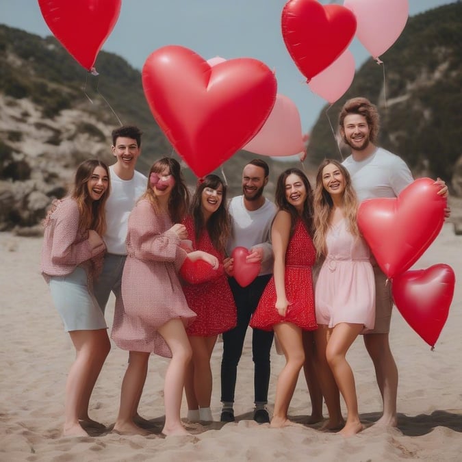 A group of friends embrace Valentine's Day with a beachside balloon bonfire.