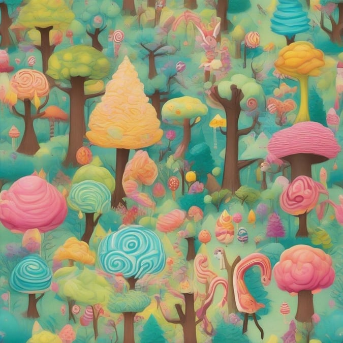 A vibrant, whimsical landscape where candy trees stand tall amidst the rainbow mushrooms.