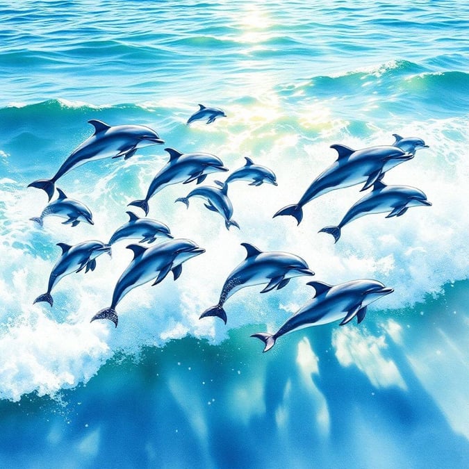 A delightful aquatic scene capturing a playful group of dolphins leaping into the sea. A vibrant display of marine life that brings a splash of serenity and joy to any desktop or mobile wallpaper.