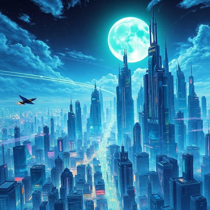 This stunning anime-inspired wallpaper transports you to a world of tomorrow, where towering skyscrapers and flying cars create a sense of wonder and excitement. The vibrant, colorful city is bathed in blues and greens, with a large, glowing moon in the sky and a small bird flying towards the left, adding a touch of whimsy to the scene.