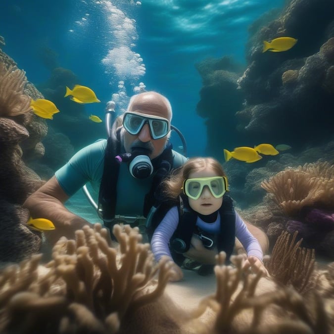 This Father's Day, dive into the deep sea with your child for a memorable adventure. Wearing snorkeling gear, this man and his daughter are exploring vibrant underwater life together.