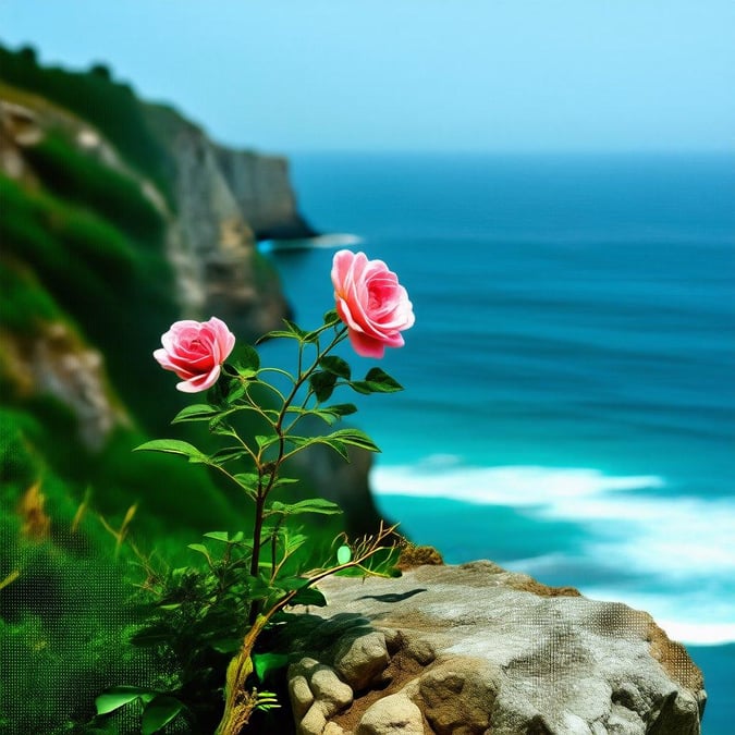 Vibrant pink roses bloom near the edge of a rocky cliff overlooking the deep blue ocean. A serene and picturesque view.