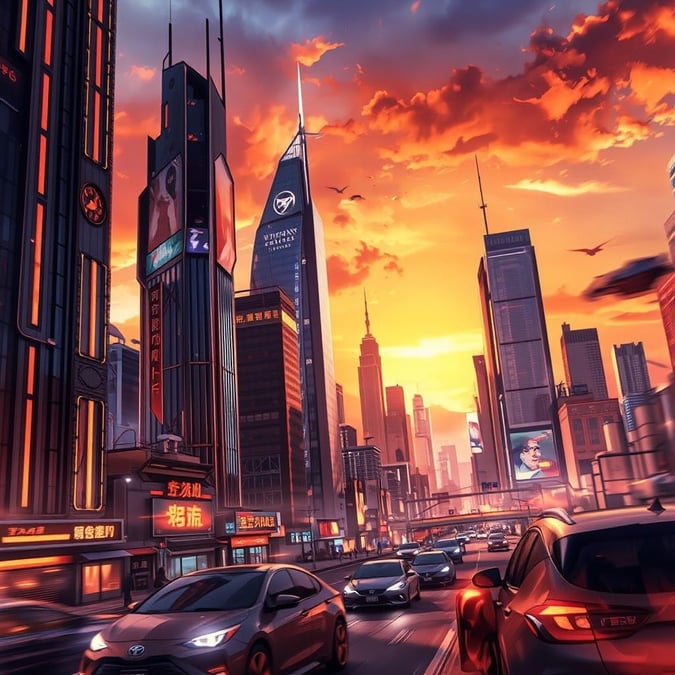 Experience the vibrant energy of a futuristic city at sunset, with towering skyscrapers and flying cars creating an anime-like atmosphere.