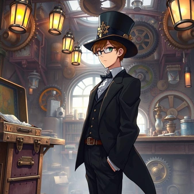 Sukella steampunkin maailmaan tämän kiehtovan anime-inspiroituneen taustakuvan avulla, jossa on loistava keksijä, jota ympäröivät monimutkaiset hammasrattaat ja gadgetit.