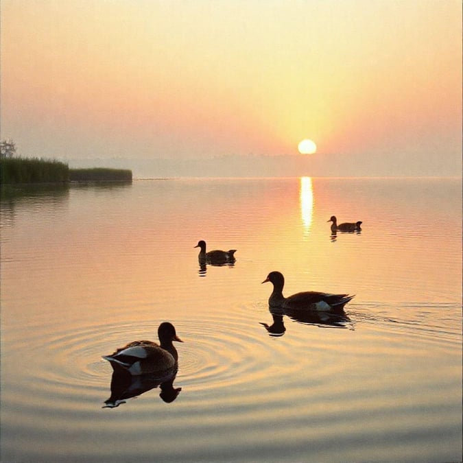 A serene scene of ducks enjoying a calm evening on the water, with the sun setting in the background.