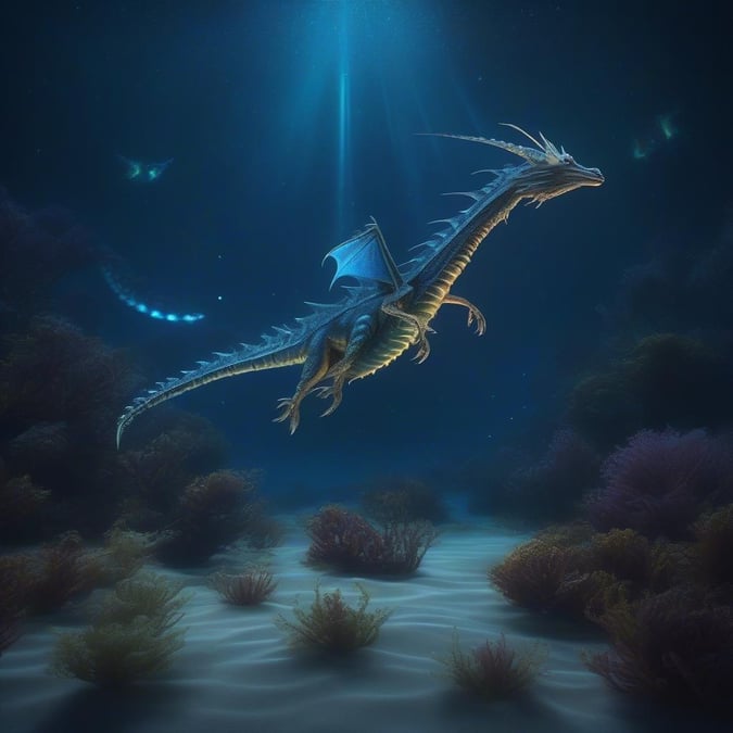 Explore the deep sea with this breathtaking view of a mythical dragon soaring among the coral reefs.