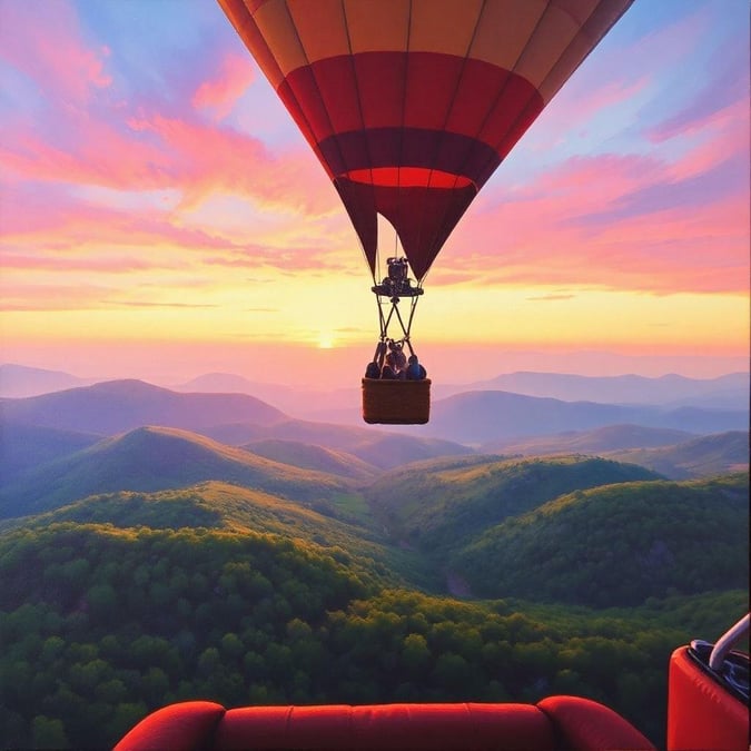 Soar above the clouds in a hot air balloon as the sun rises over the mountains, creating a breathtaking scene.