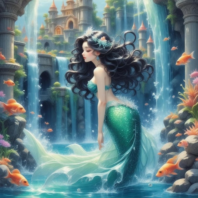 Immerse yourself in the enchanting world of anime with this captivating wallpaper featuring a mermaid princess in a vibrant underwater palace. Her hair flows like a waterfall, surrounded by intricate architecture and sparkling fish, creating a mesmerizing ambiance.