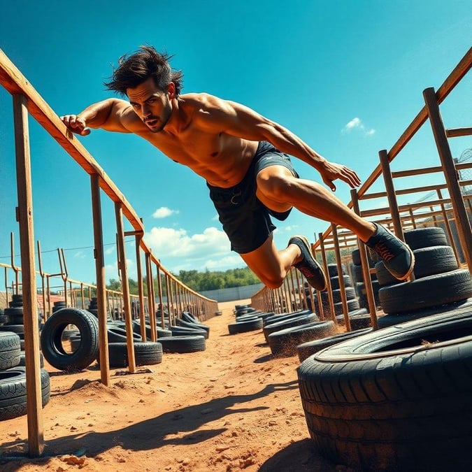 A young male athlete in motion, shirtless with his hands gripping a pole as he jumps over obstacles on a dirt track.