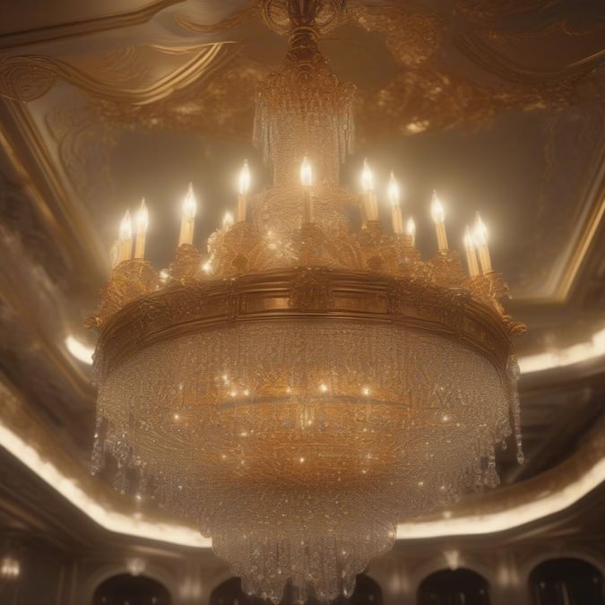 An opulent crystal chandelier hanging from the high ceiling in a luxurious ballroom, radiating warmth and grandeur. Ideal for an upscale event or sophisticated setting.