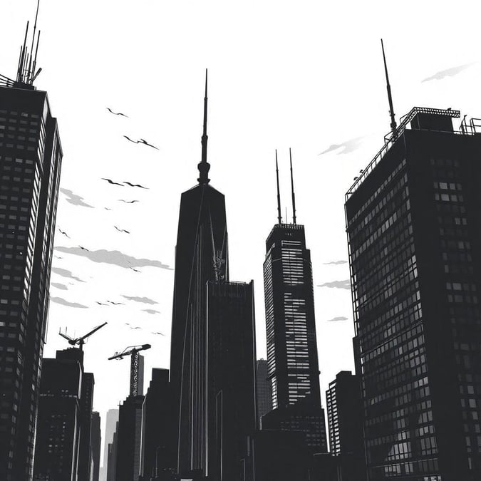 A black and white depiction of the iconic skyscraper landscape in New York City.