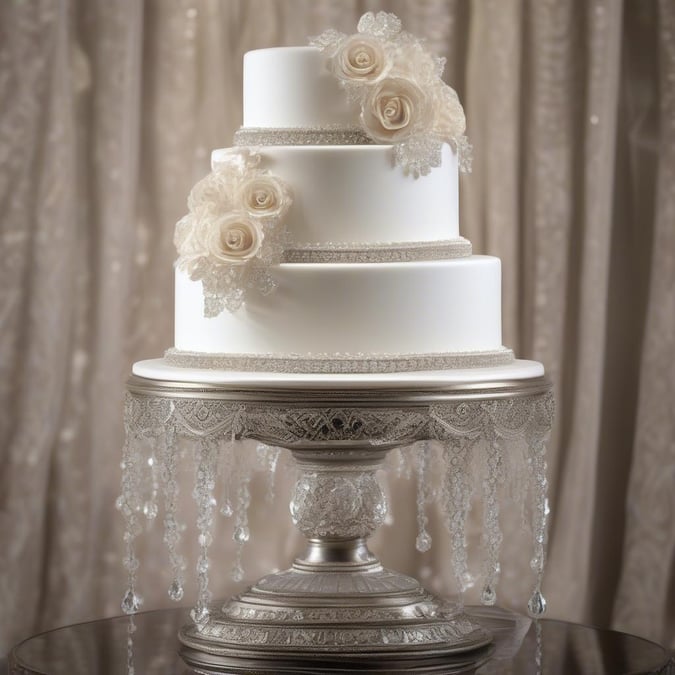 A luxurious white wedding cake with intricate designs and a beautiful floral centerpiece, perfect for a bride and groom's special day.