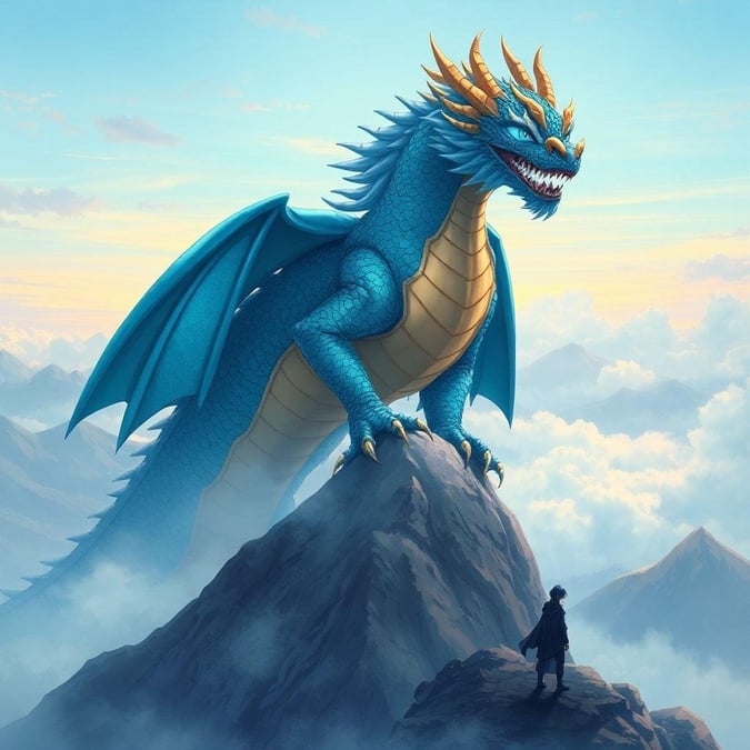 This majestic digital illustration features a powerful dragon king standing tall atop a mountain peak. The dragon's vibrant blue scales shimmer in the light, and its eyes are an intense blue that captures the viewer's attention. The serene backdrop of misty mountains and a small figure provides a sense of scale to the scene, highlighting the dragon's grand presence. The overall atmosphere of the image is storybook-like, evoking a feeling of fantasy and adventure.