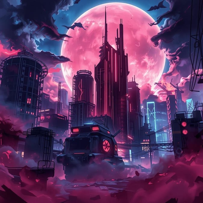 This anime-style wallpaper depicts a post-apocalyptic landscape with a neon-lit skyline, featuring a smoky and eerie foreground with a tumultuous atmosphere. The image showcases tall buildings, neon lights, and a dark blue sky, creating a captivating and immersive scene.