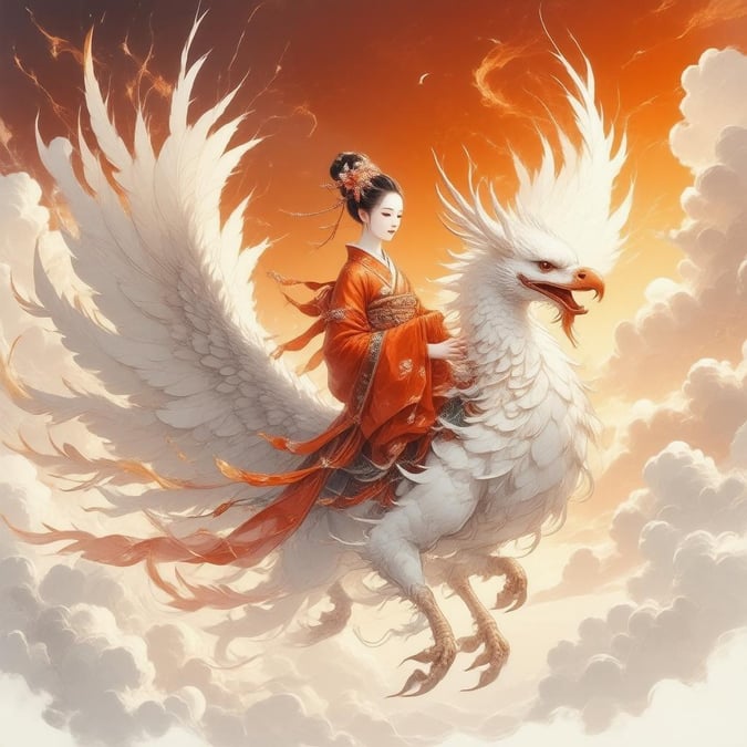 Dyk ner i den fängslande världen av anime med denna fantastiska illustration av en geisha som rider på en majestätisk fenix. Den varma orangea och gula himlen, komplett med fluffiga moln, skapar en häpnadsväckande bakgrund för denna kraftfulla scen.