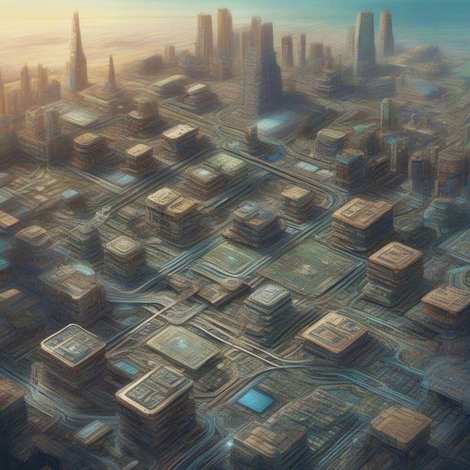 This futuristic city is bathed in the soft glow of a setting or rising sun, bathing every structure in an ethereal light that highlights the interconnected networks of roads and walkways.