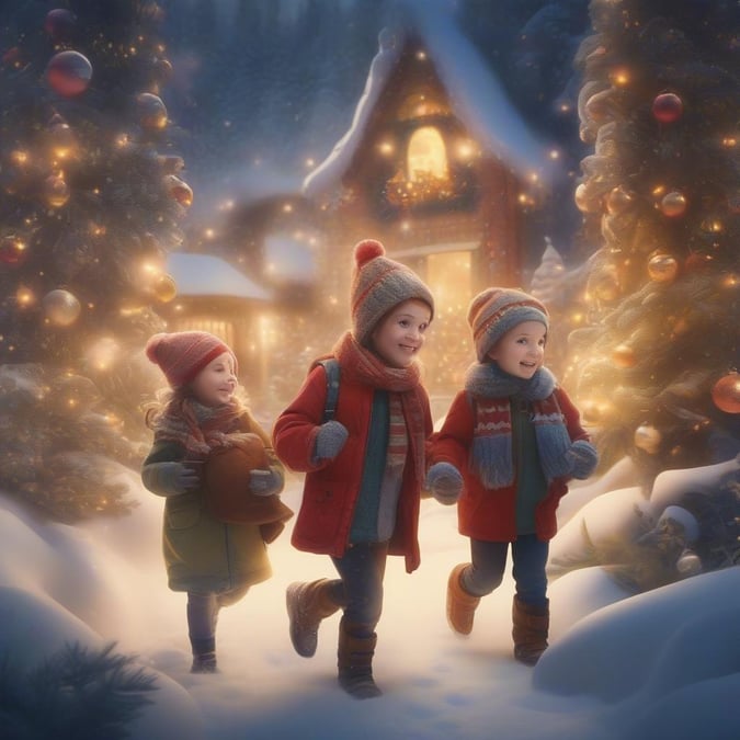 Embrace the magic of the season with this enchanting Christmas wallpaper. The festive scene features three children joyfully running through a snowy landscape, surrounded by twinkling lights and the warmth of a cozy house in the background. It's the perfect way to bring holiday cheer to your desktop or mobile device.