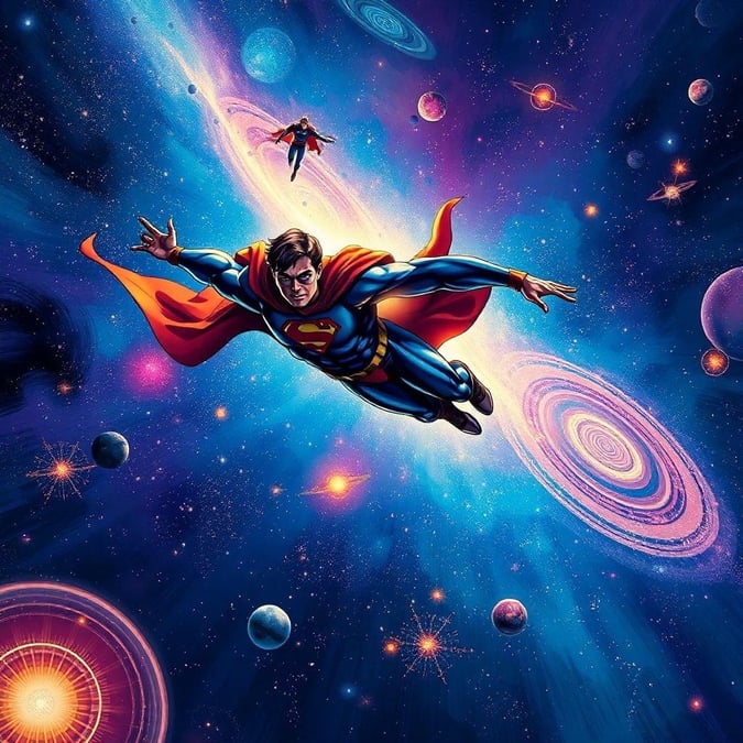 Ce fond d'écran époustouflant présente Superman s'envolant à travers l'espace, entouré d'un magnifique arrière-plan de galaxie. Les couleurs vives et la composition dynamique en font un choix parfait pour les fans de super-héros et de science-fiction.