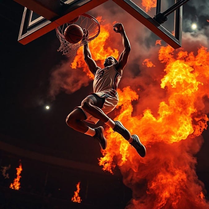 A basketball player leaping high above the court, trying to block a shot amidst a fiery background.