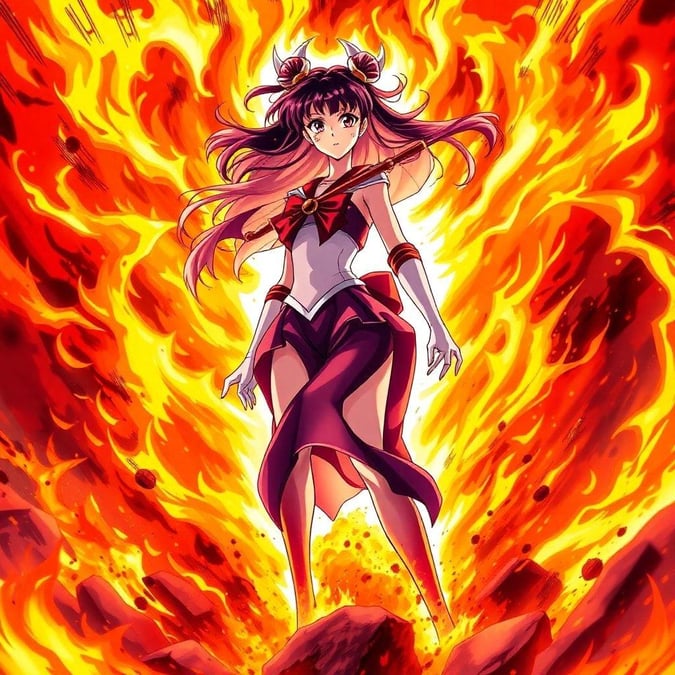 A confident Sailor Venus stands amidst fiery destruction, representing her powerful transformation into a warrior against evil forces.