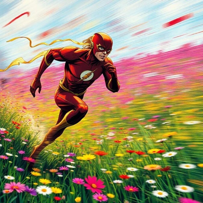 The Flash runs through a field of flowers, his iconic red costume and yellow cape standing out against the colorful background.