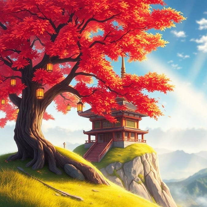 Immerse yourself in the tranquil beauty of this anime-inspired wallpaper, featuring a serene shrine nestled among the branches of a majestic red and orange tree.