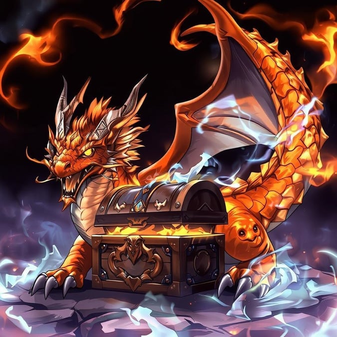 A majestic dragon guarding a treasure chest, its vibrant orange and yellow scales contrasting the dark background. The intricate details of the dragon's armor, sharp claws, and glowing orbs add a magical touch to this scene, creating an enchanting, fantasy-like atmosphere.