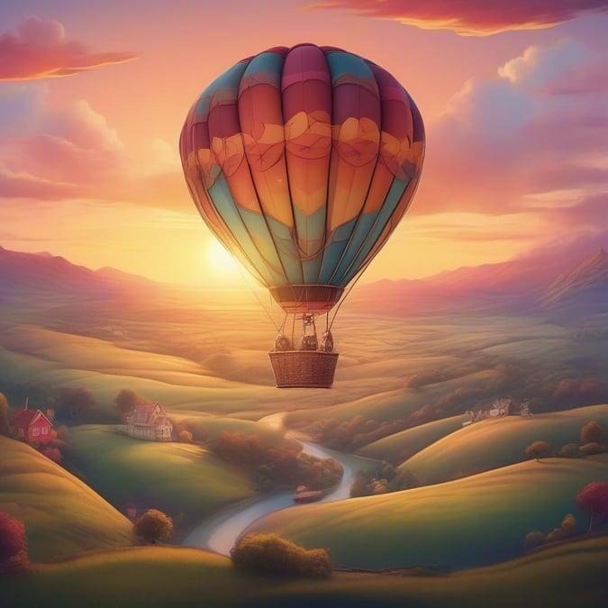 A magical journey through the sky in a hot air balloon, with stunning sunset views over a picturesque landscape. Perfect wallpaper for desktop and mobile screens.