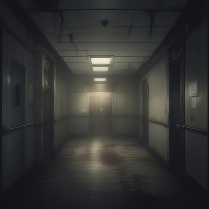 This eerie scene captures the haunting atmosphere of a long hallway inside an abandoned institution, bathed in flickering overhead lights that add to the sense of desolation and mystery.