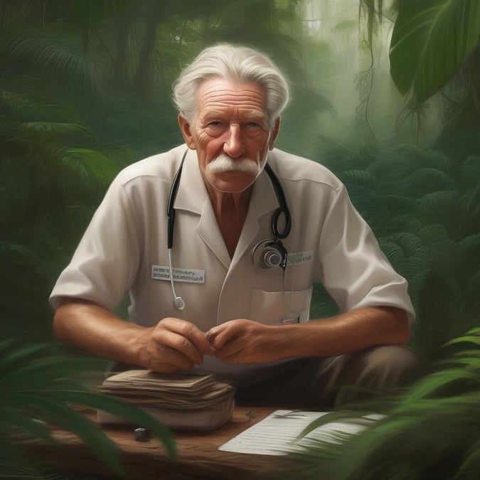 Veteran paleobiologist in the wild jungle, observing nature with an air of wisdom.