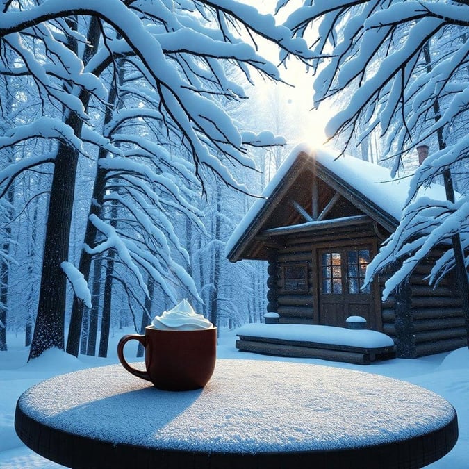 A cozy scene of a steaming hot cup of cocoa with whipped cream, served in a snowy landscape outside a rustic cabin.