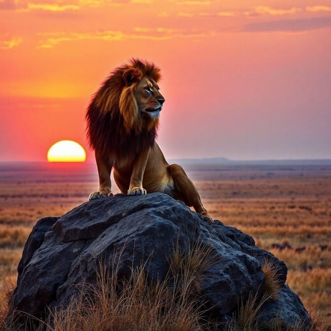 A lion, the king of all jungles, gazes into the horizon as the day transitions to night. The warm sunset casts a golden glow over the vast savannah, creating a serene and dramatic scene.