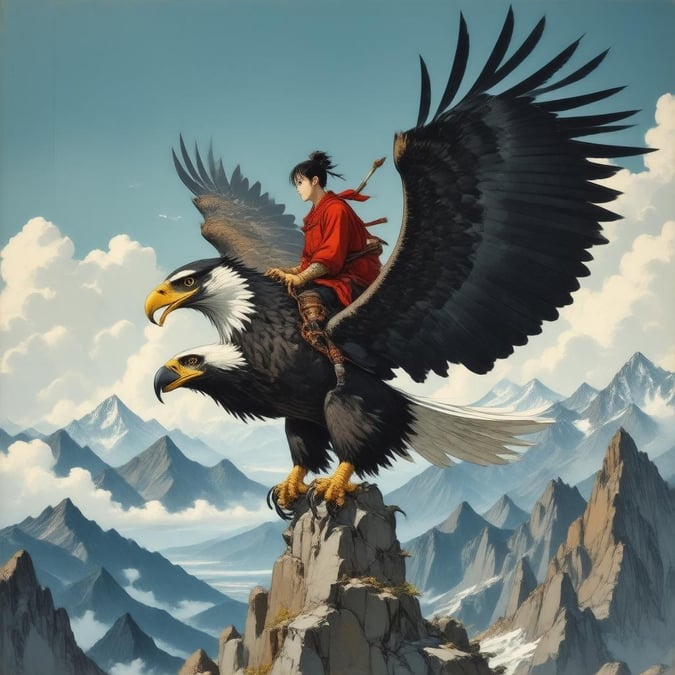 Experience the thrill of adventure with this captivating anime illustration of a young samurai riding a majestic eagle over a breathtaking mountain range.