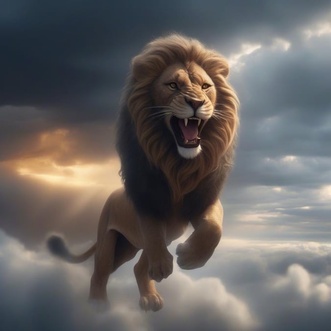 Experience the raw power and majesty of this fierce creature as it soars through a dramatic sky, captured in a moment of intense roar. Perfect for your desktop or mobile devices.