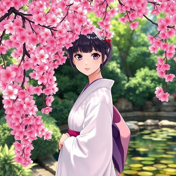 Dyk ner i den lugna skönheten hos en anime-geisha i en körsbärsblomsträdgård. Denna fängslande illustration fångar ögonblickets lugn, med geishans blick riktad mot betraktaren, omgiven av en delikat slöja av rosa blommor. Den detaljerade animeillustrationen ger liv åt geishans elegans och grace, mot den fantastiska bakgrunden av körsbärsblomsträdgården.