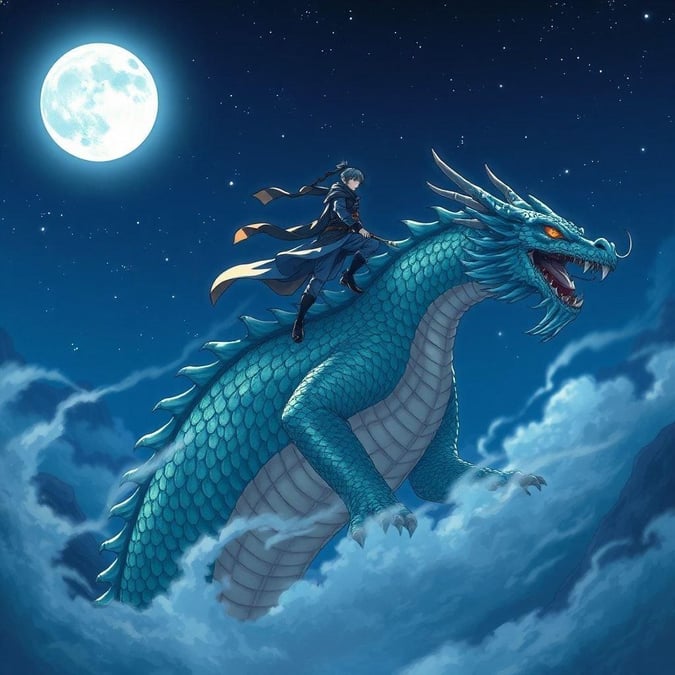 Questa affascinante illustrazione in stile anime presenta un ninja che cavalca un maestoso drago, ambientato contro uno sfondo di un cielo luminoso illuminato dalla luna. Le intricate squame e i motivi del drago, combinati con l'atmosfera eterea, creano un senso di movimento e mistero.