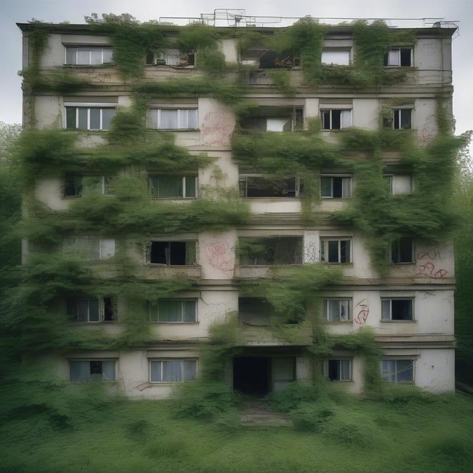 An old, abandoned building covered with vines and vegetation. The structure is dilapidated yet holds an eerie beauty amidst the greenery.