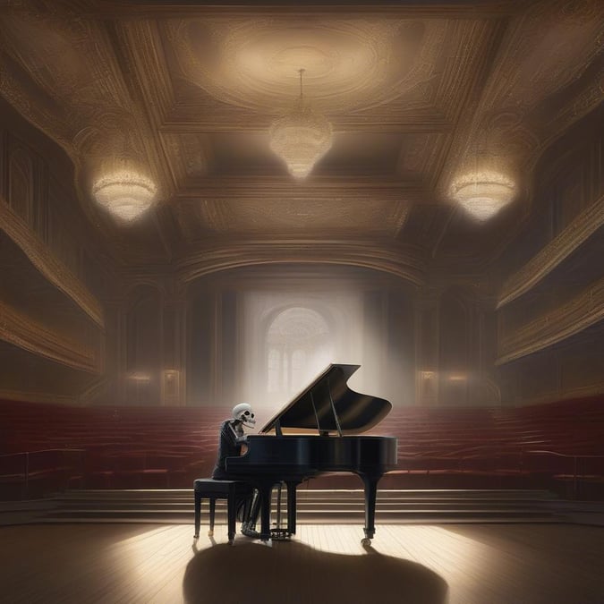 A mysterious pianist playing in an ornate music hall, evoking a sense of solitude and tranquility on this haunting night.