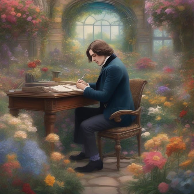 A serene and inspiring image of Edgar Allan Poe sitting at a desk in a garden, surrounded by nature and filled with inspiration.