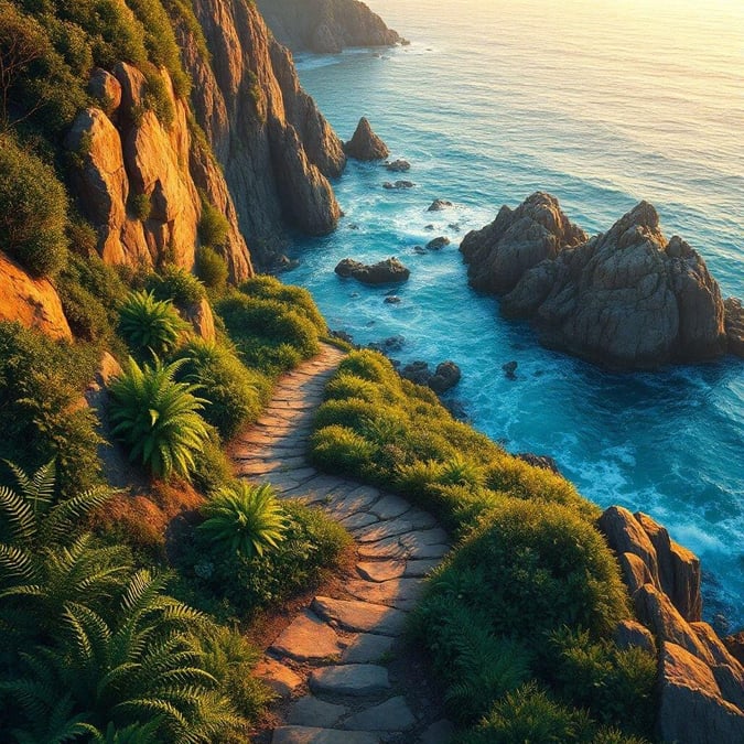 Walk through a lush coastal trail with rugged cliffs overlooking the ocean at sunset.